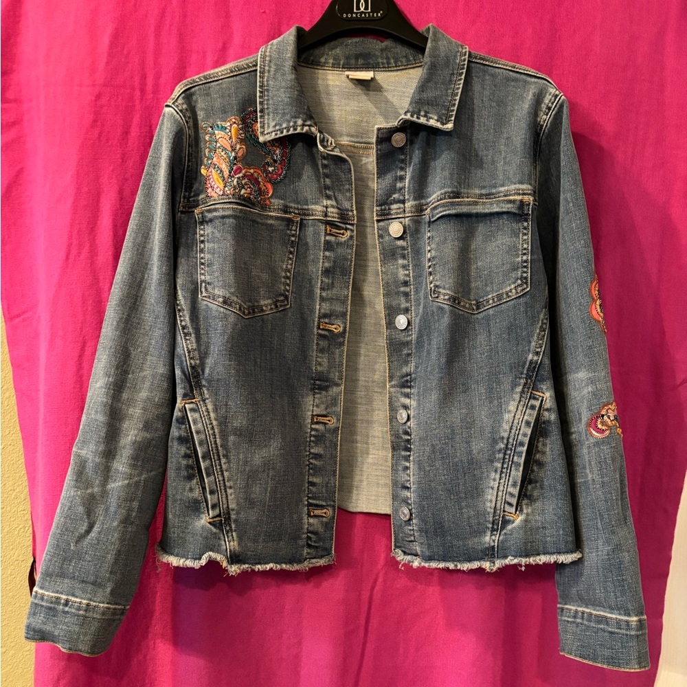 Chico’s Embroidered Denim Jacket Size 12 - Picture 1 of 12